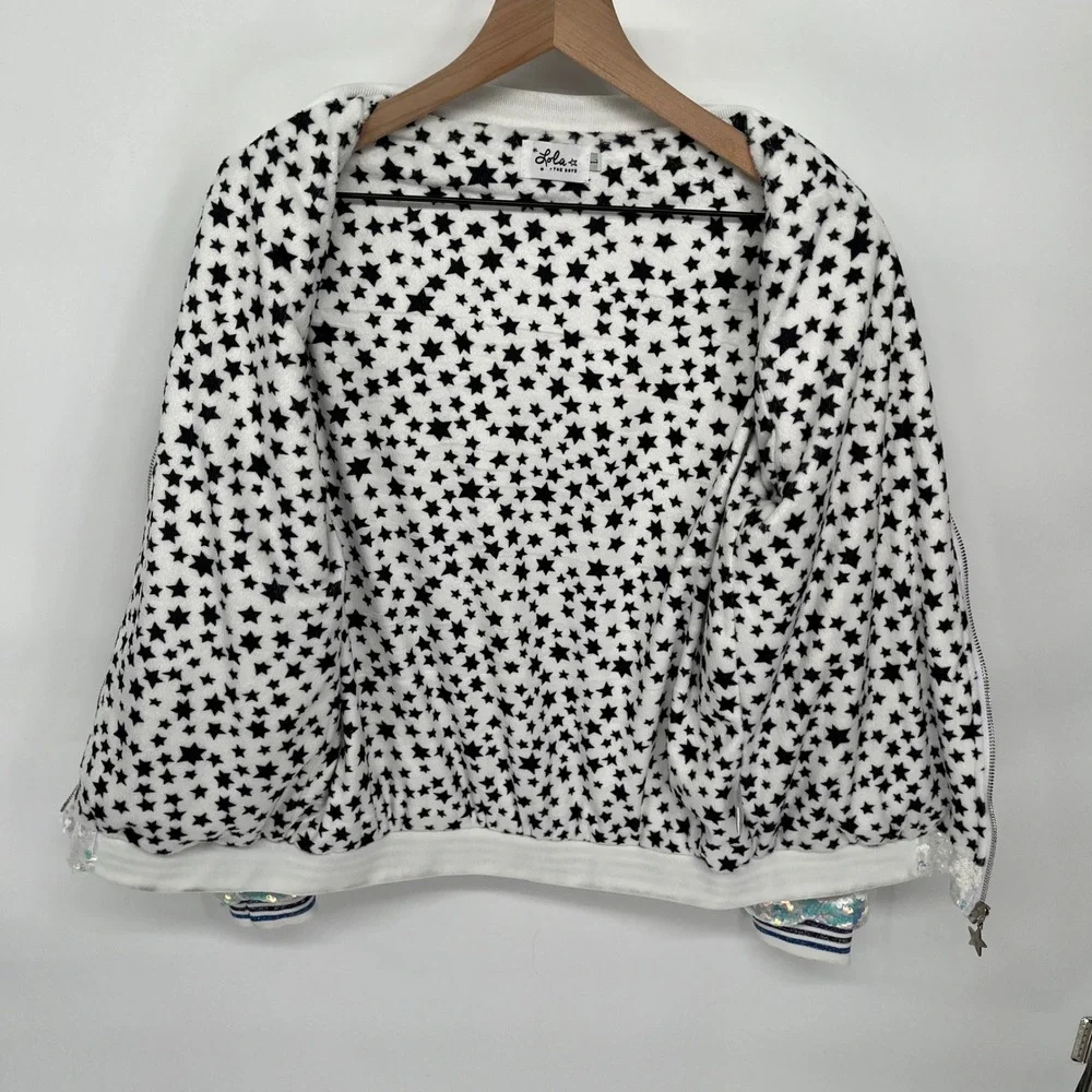 Lola + the Boys Sequins Star Bomber Jacket Kids Large White Iridescent Shimmer